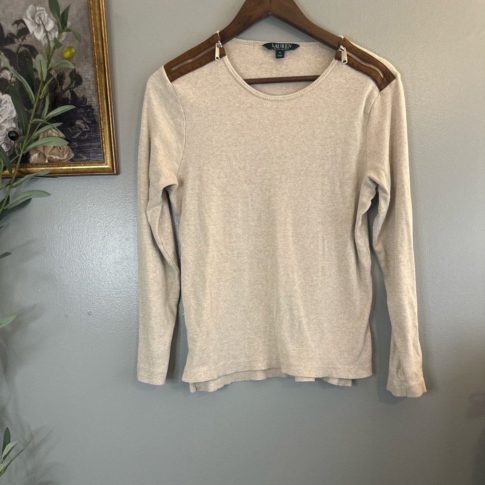 Lauren Ralph Lauren Ribbed Knit Top XL Zip Shoulder Long Sleeve Quiet Luxury - Picture 2 of 6